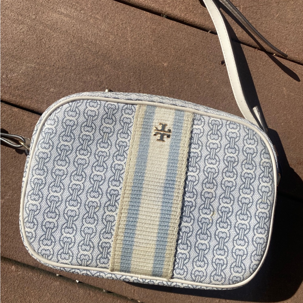 Tory Burch Blue and White Logo-Print Crossbody with Cream & Blue Stripe